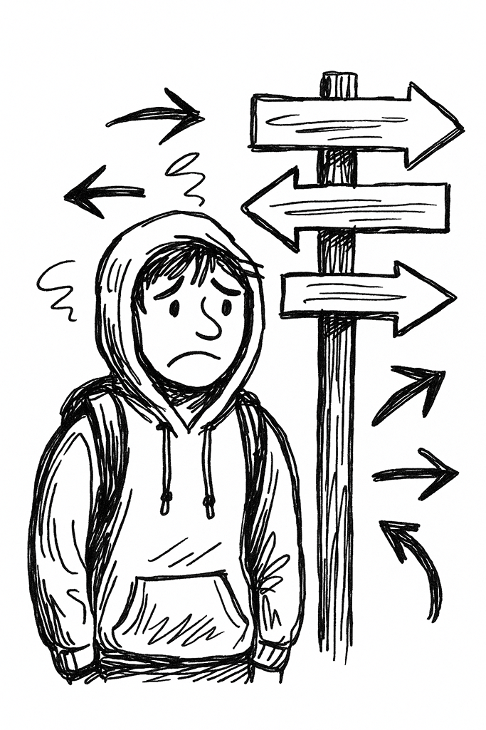 Person staring at many options